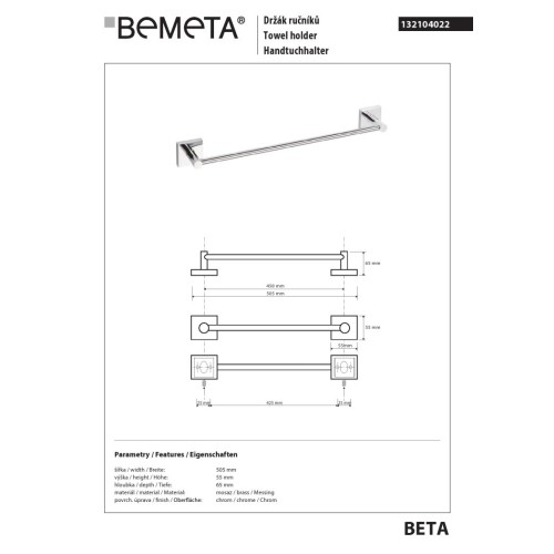 Bemeta BETA Wieszak na ręczniki 450 mm 132104022