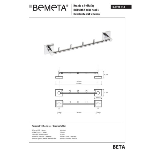 Bemeta BETA Wieszak na ręcznik z 5 Wieszakami 355mm 132105112