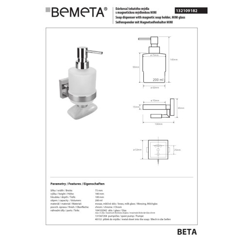 Bemeta BETA Dozownik do Mydła 200 ml z mydelniczką magnetyczną 132109182
