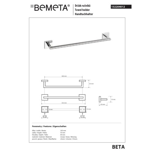 Bemeta BETA Uchwyt na ręcznik 300 mm 132204012
