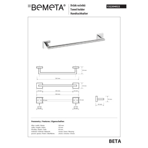 Bemeta BETA Wieszak na ręcznik 450 mm 132204022