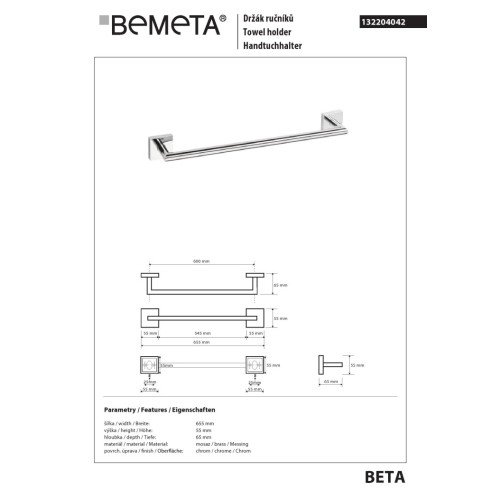 Bemeta BETA Wieszak na ręcznik 600 mm 132204042