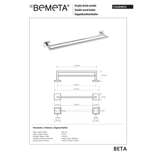 Bemeta BETA Podwójny wieszak na ręczniki 600 mm 132204052