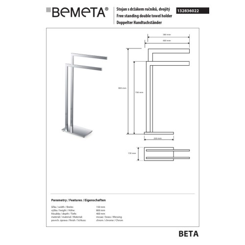 Bemeta BETA wolnostojący podwójny wieszak na ręcznik 132836022