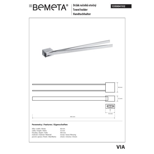 Bemeta VIA wieszak na ręcznik podwójny uchylny 135004102