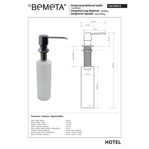 Bemeta Wbudowany dozownik mydła w płynie 470 ml 136109012