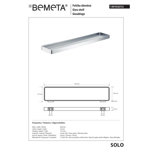 Bemeta SOLO Półka szklana 500 mm 139102312