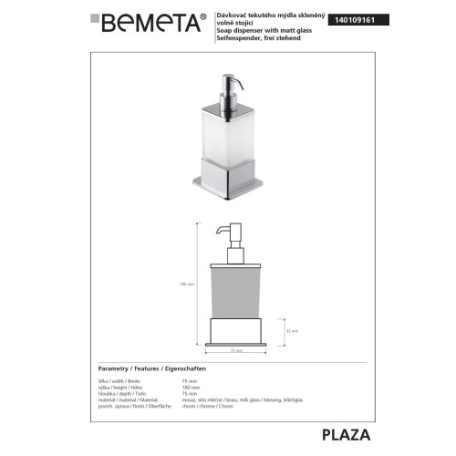 Bemeta PLAZA Dozownik mydła w płynie 200 ml stojący 140109161