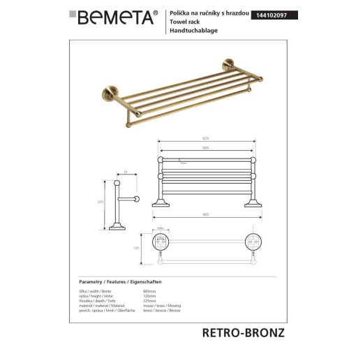 Bemeta RETRO Bronze Wieszak na ręczniki z drążkiem 144102097