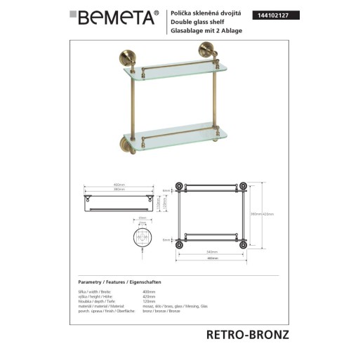 Bemeta RETRO Bronze Podwójna szklana półka 144102127
