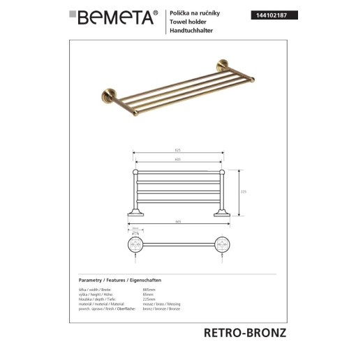 Bemeta RETRO Bronze Wieszak na ręczniki z drążkiem 144102187