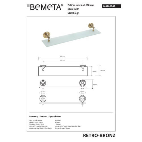 Bemeta RETRO Bronze Półka szklana 144102247