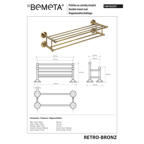 Bemeta RETRO Bronze Podwójny wieszak na ręczniki z drążkiem 144102257