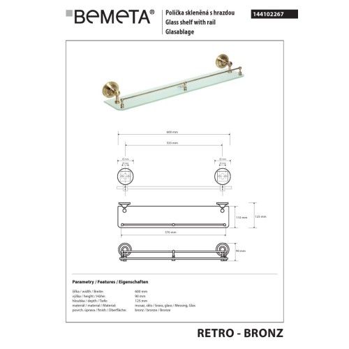 Bemeta RETRO Bronze Półka szklana z poprzeczką 144102267