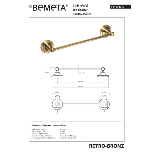 Bemeta RETRO Bronze Wieszak na ręcznik 300 mm 144104017