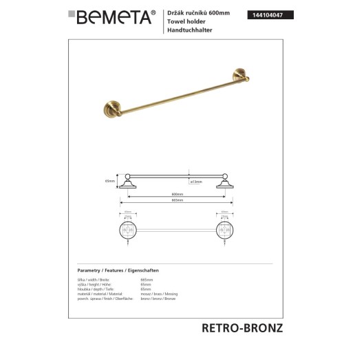 Bemeta RETRO Bronze Wieszak na ręcznik 600 mm 144104047