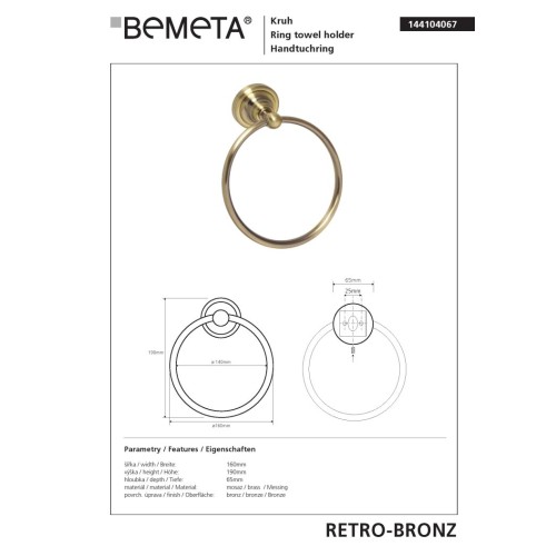 Bemeta RETRO Bronze Wieszak na ręcznik koło 144104067