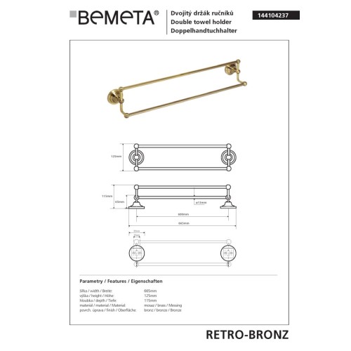 Bemeta RETRO Bronze podwójny wieszak na ręczniki jeden na drugim 144104237