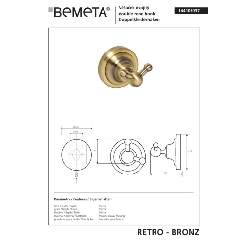 Bemeta RETRO bronze Wieszak podwójny 144106037