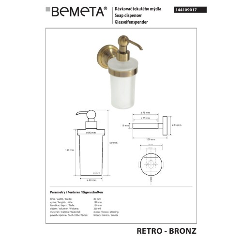 Bemeta RETRO Bronze Dozownik mydła 230 ml 144109017