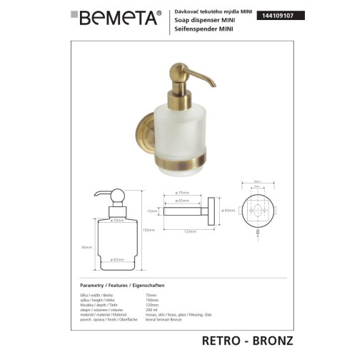 Bemeta RETRO Bronze Dozownik mydła 200 ml 144109107