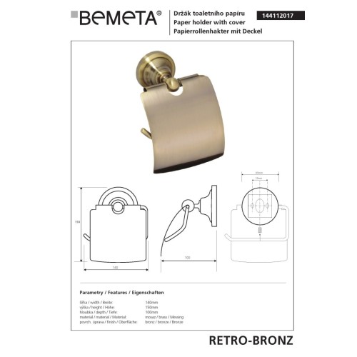 Bemeta RETRO Bronze uchwyt na papier toaletowy z klapką 144112017