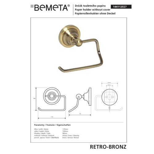 Bemeta RETRO bronze uchwyt na papier toaletowy 144112027