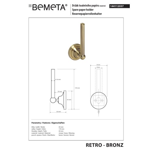 Bemeta RETRO bronze uchwyt na zapas papieru toaletowego 144112037
