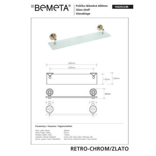 Bemeta RETRO gold/chrome Półka szklana 144202248