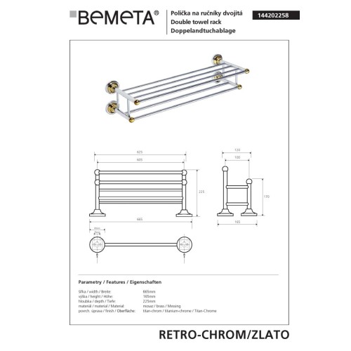 Bemeta RETRO gold/chrome Podwójny wieszak na ręczniki z drążkiem 144202258