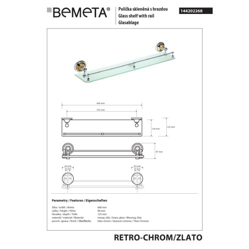 Bemeta RETRO gold/chrome Półka szklana z poprzeczką 144202268