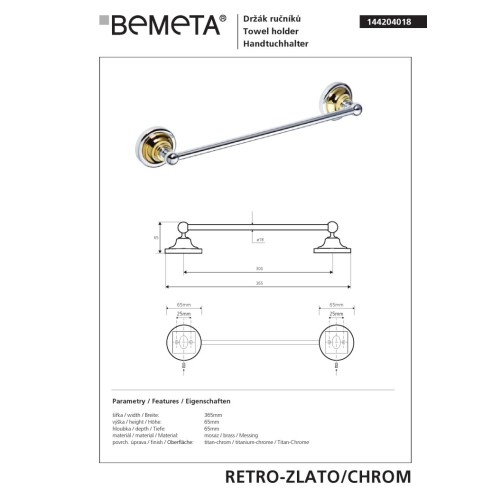 Bemeta RETRO gold/chrome Wieszak na ręcznik 300 mm 144204018