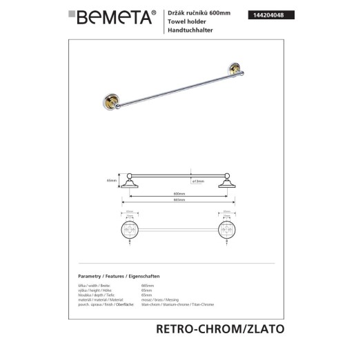 Bemeta RETRO gold/chrome Wieszak na ręcznik 600 mm 144204048