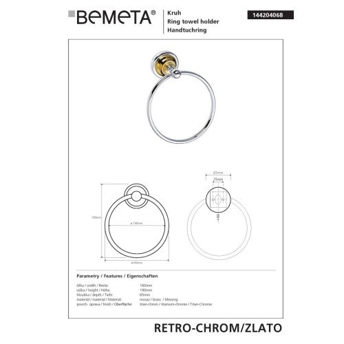 Bemeta RETRO gold/chrome Wieszak na ręcznik koło 144204068
