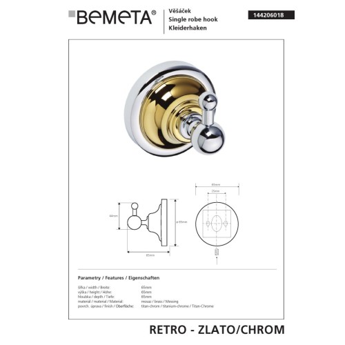 Bemeta RETRO złoto/chrom Wieszak pojedynczy 144206018