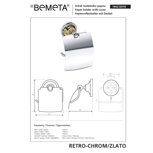 Bemeta RETRO złoto/chrom uchwyt na papier toaletowy z klapką 144212018