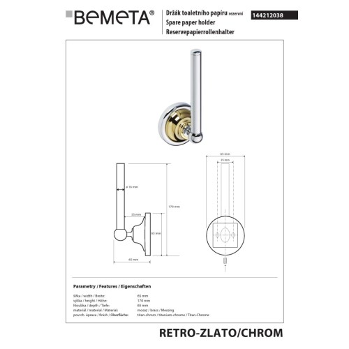 Bemeta RETRO złoto/chrom uchwyt na zapas papieru toaletowego 144212038