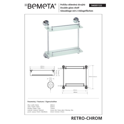 Bemeta RETRO chrom Podwójna szklana półka 144301122