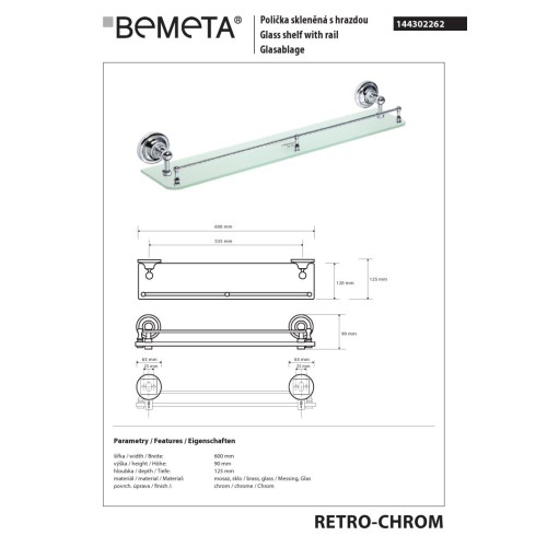 Bemeta RETRO chrom Półka szklana z poprzeczką 144302262