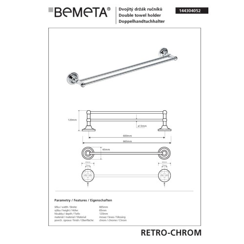 Bemeta RETRO chrom podwójny wieszak na ręczniki 600 mm 144304052