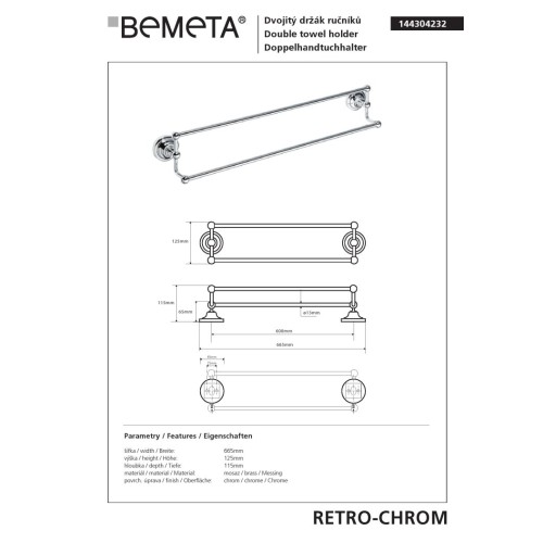 Bemeta RETRO chrome podwójny wieszak na ręczniki 144304232