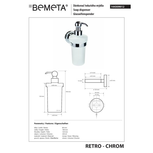 Bemeta RETRO chrom Dozownik mydła 230 ml 144309012