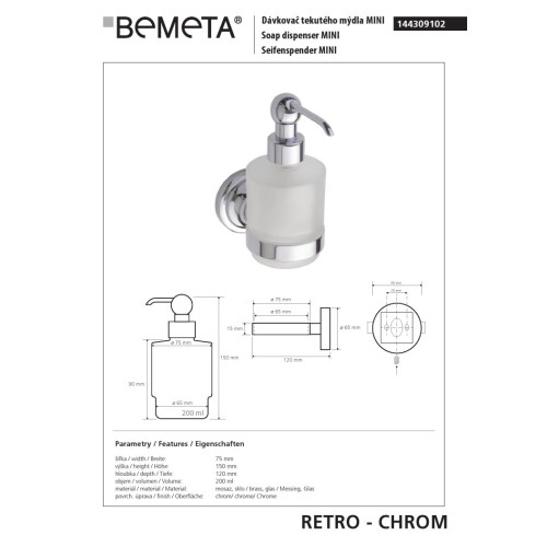 Bemeta RETRO chrom Dozownik mydła 200 ml 144309102