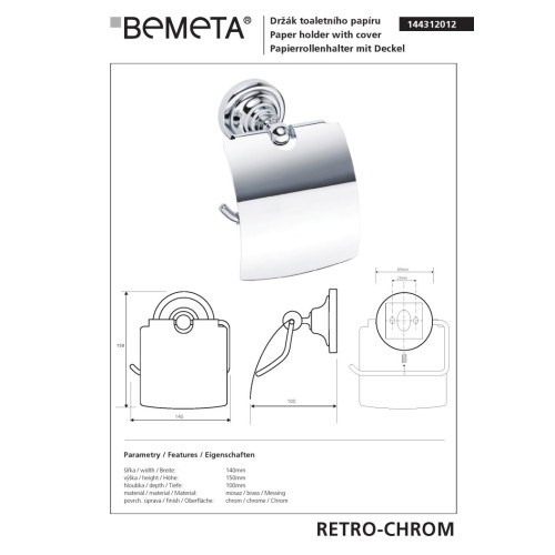 Bemeta RETRO chrom uchwyt na papier toaletowy z klapką 144312012