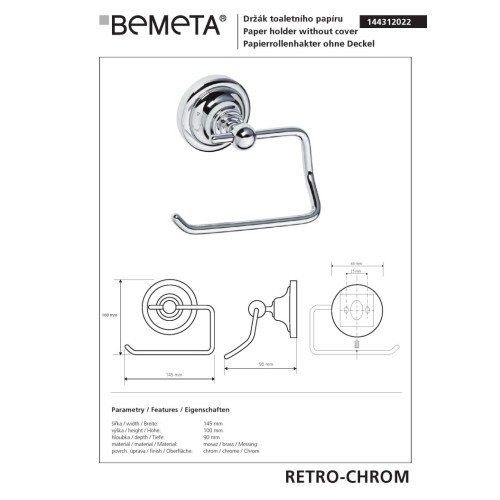 Bemeta RETRO chrom Uchwyt na papier toaletowy 144312022