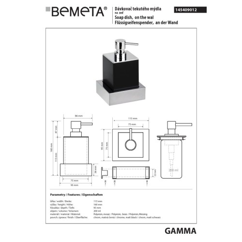 Bemeta GAMMA Dozownik mydła wiszący czarny 145409012