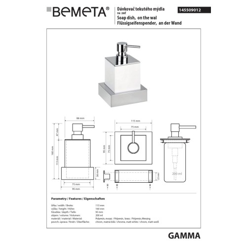 Bemeta GAMMA Dozownik mydła wiszący biały 145509012