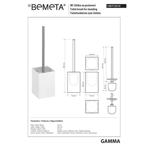 Bemeta GAMMA Szczotka do WC stojąca kwadratowa biała 145713314