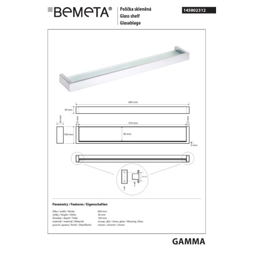 Bemeta GAMMA Półka szklana 600 mm 145802312