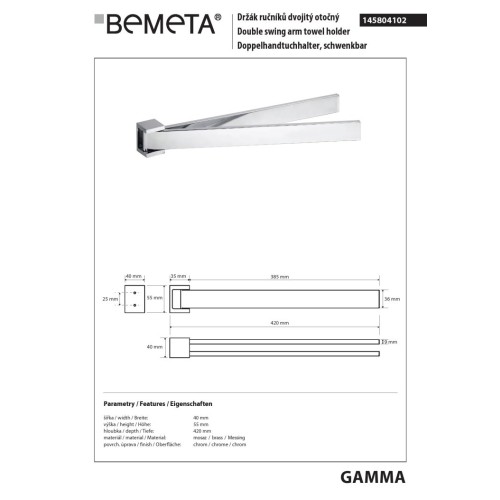 Bemeta GAMMA Podwójny wieszak na ręczniki obrotowy 145804102
